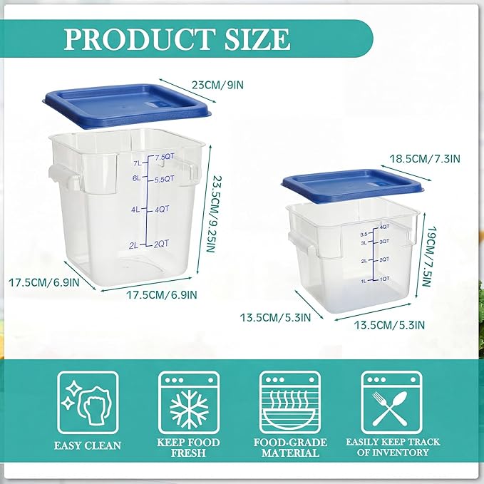 Lallisa 4 Pcs 8qt & 4qt Clear Food Storage Containers with Lids Handles and Scales, Stackable Plastic Square Food Storage Containers for Dough Proofing Baking Kitchen Restaurant(Blue)