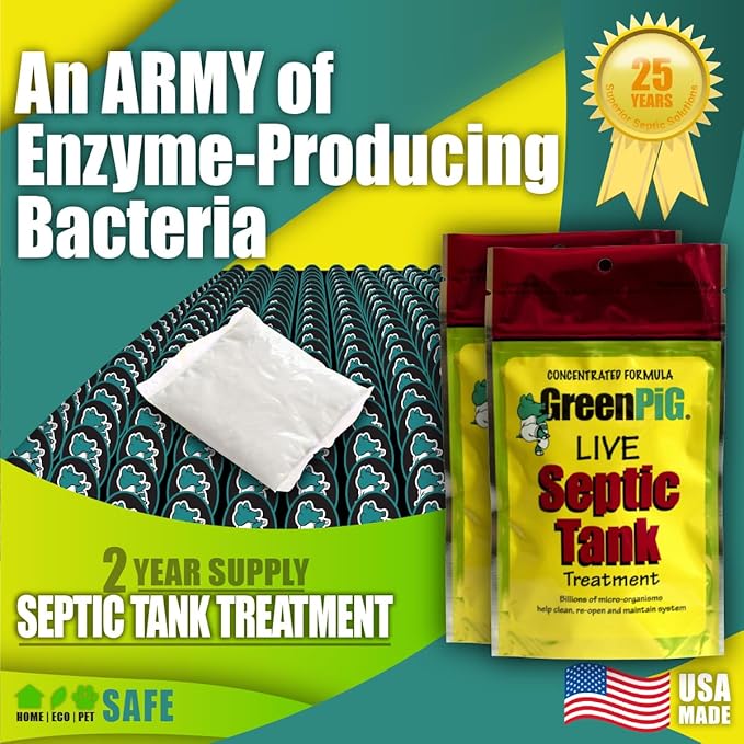 Green Pig Septic Tank Treatment Packets – Septic-Safe Enzyme Treatment for Preventative Maintenance, Helps Prevent Clogs & Odors, 2-Year Supply (8 Packets)