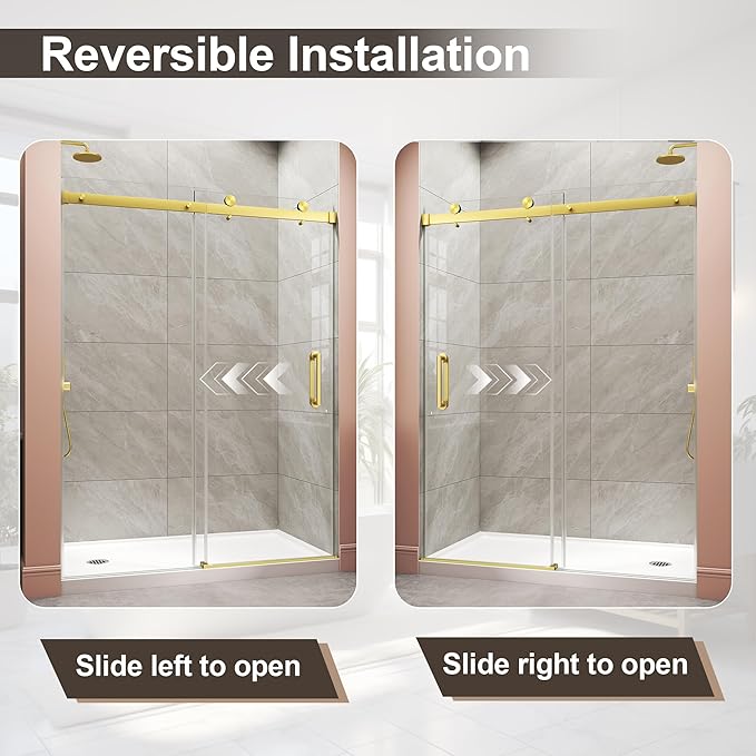 Frameless Shower Door,Single Sliding Glass Shower Door with Nano Coating & Safety Film, Adjustable 55"-60" W x 72" H, Brushed Gold,1/4" (6mm) SGCC Tempered Glass