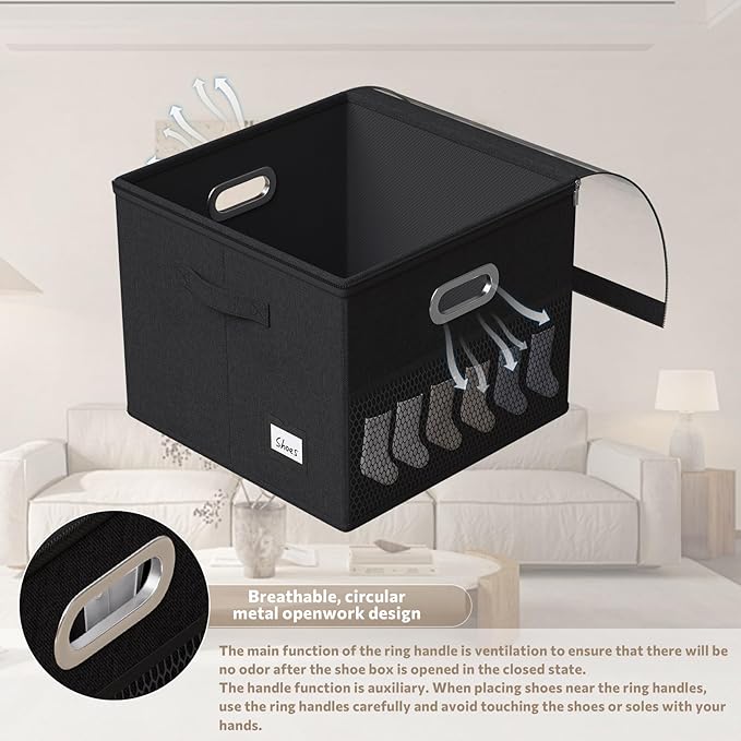 FHSQX Shoe Organizer for Closet,Fits 12 Pair,Shoe Storage Bins with Clear Cover & Adjustable Dividers for Shoes,Shoe Box Storage for Handbags,Blankets,Linen,Clothing (Black, (16.5 * 16.5 * 13) x1)
