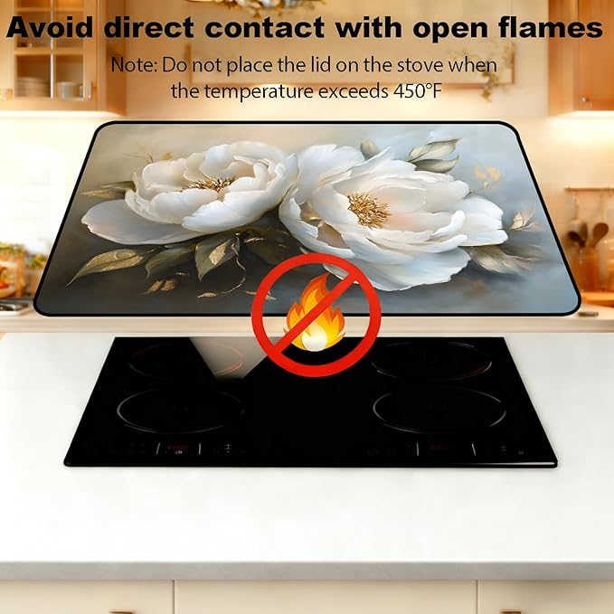 Glass Stove Top Covers for Electric Stove, Heat Resistant Counter Protector Mat, Non Slip Waterproof Surface Cover for Kitchen Counter and Cooktop (White Peony, 28"L x 20"W)