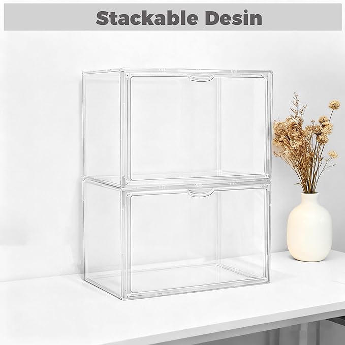 Clear Acrylic Stackable Storage Box with Magnetic Lid - 3 Pack Display Case for Collectibles and Figures Organizer
