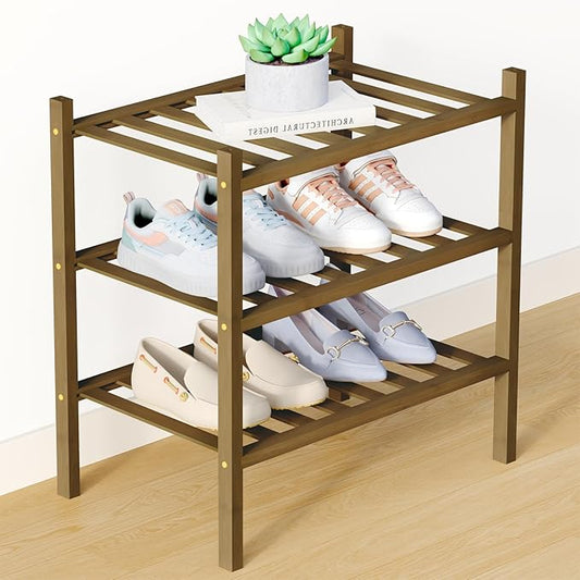 Smiry Bamboo Shoe Rack for Closet, 3 Tier Small Wooden Stackable Shoe Organizer, Free Standing Shoes Storage Shelf for Entryway, Front Door Entrance, Walnut