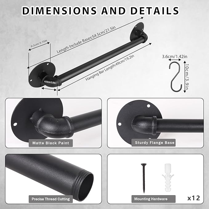Aduanbang 21'' Wall Mounted Pot & Pan Rack (Set of 2) – Industrial Iron Pipe Kitchen Hanging Rail with 10 S Hooks for Utensils, Pots, and Pans Organization