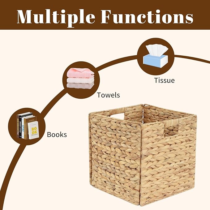 Foldable Wicker Storage Baskets 4-Pack, 11.2 Inch Collapsible Woven Cube Organizer Bins, Hyacinth Storage Baskets for Home, Shelf, Closet, Office Organization