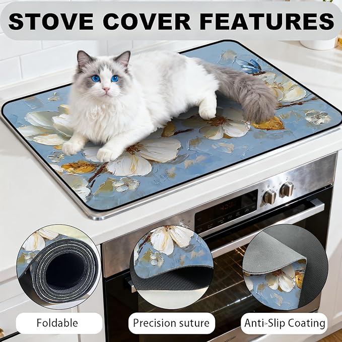 Glass Stove Top Covers for Electric Stove, Heat Resistant Counter Protector Mat, Non Slip Waterproof Surface Cover for Kitchen Counter and Cooktop (Blue Floral Butterflies, 28"L x 20"W)