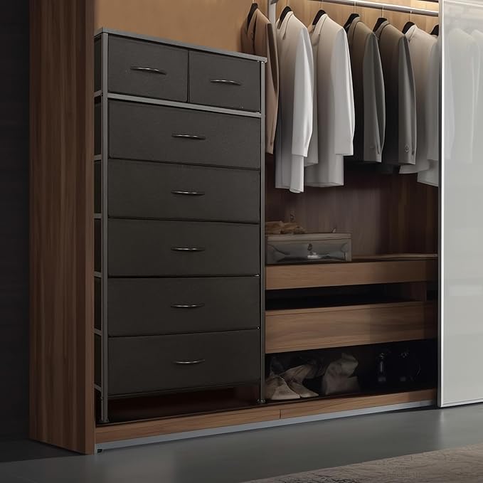 Mifuro Tall Dresser for Bedroom, Vertical Storage Organizer Tower with 7 Drawers, Chest of Drawers with Fabric Bins, Steel Frame, Wood Top for Bedroom, Closet, Entryway- Black