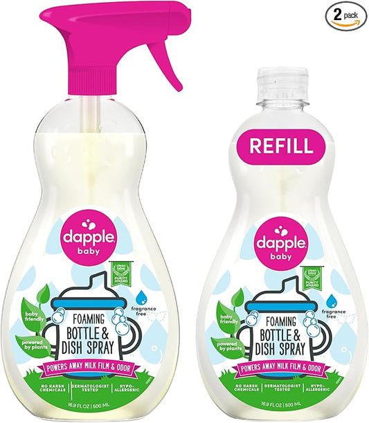 Dapple Baby Bottle & Dish Foaming Power Spray, Hypoallergenic Dish Soap for Baby Bottles, Powered by Plants, Fragrance Free, 16.9 Fl Oz (Pack of 2)