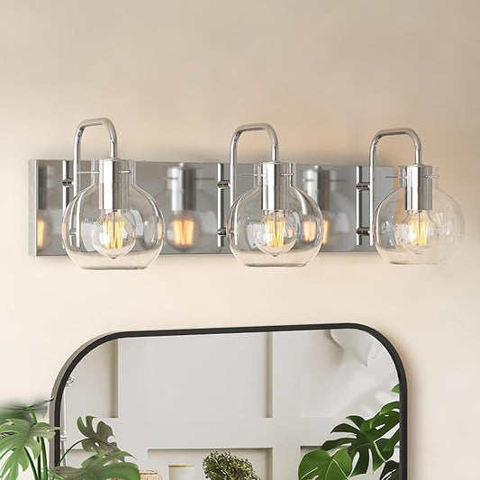 3-Light Bathroom Light Fixtures, Brushed Nickel Vanity Light, Modern Wall Lights with Clear Glass Shade, Bathroom Wall Lamp for Mirror Kitchen, Bedroom, Hallway,Living Room