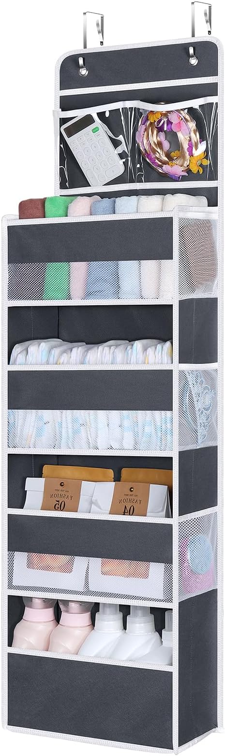 Univivi Over The Door Organizer with 6 Side Mesh Pockets, 5 Shelf Door Hanging Organizer Large Capacity Door Storage for Closet Nursery Bedroom Dorm and Baby Essential