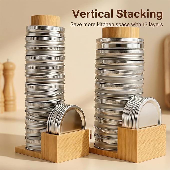 Mason Jar Lid Holder & Organizer Bamboo Storage Rack for Regular and Wide Mouth Lids and Rings Space-Saving Kitchen Mason Jar Accessories 2 Pack Holds 24 Lids & 24 Rings
