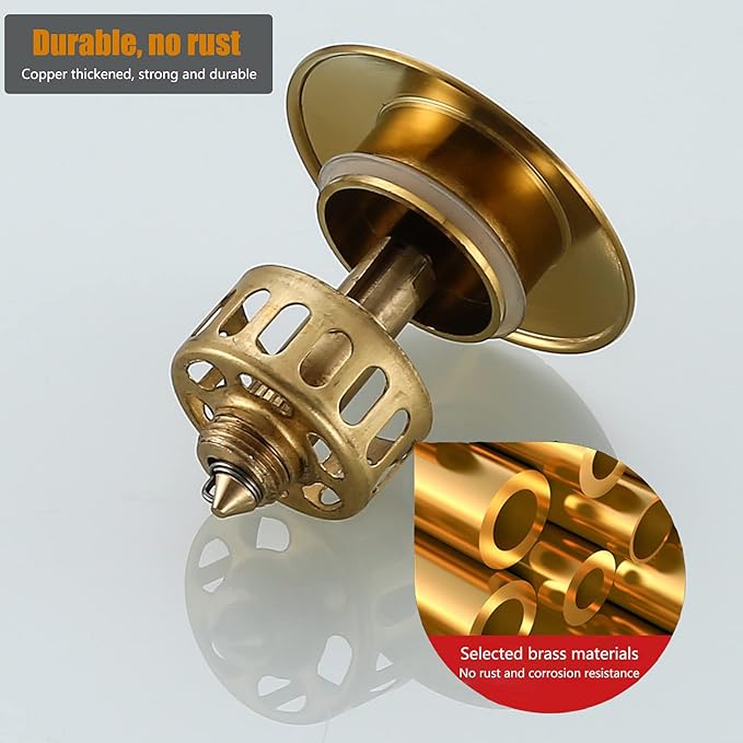 Bathroom Sink Drain Champagne Bronze Pop Up Drain Without Overflow,Brass Drain Push Pop for Vessel Sink Drain Stopper with Removable Brass Strainer Basket,83606CB.
