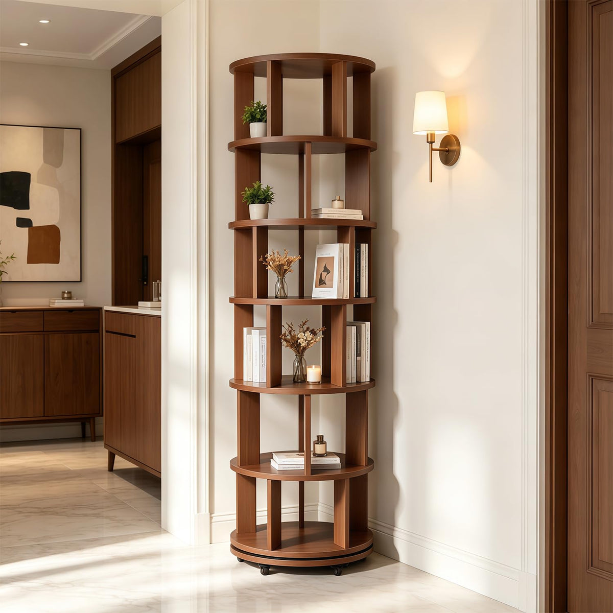 6 Tier Solid Wood Bookshelf with Wheels, 360° Rotating Book Shelf - Image 1
