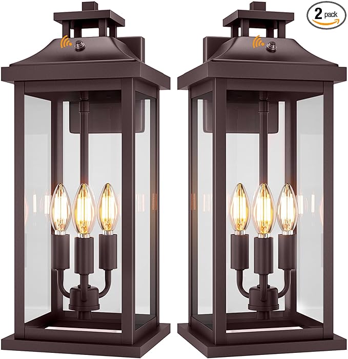 Oil Rubbed Bronze Dusk to Dawn Outside Lights 3-Light, 20" 2 Pack Porch Wall Mount Light Fixtures Large Brown Photocell Sensor Outdoor Wall Lanterns, Vintage Exterior Sconce Lamps E12