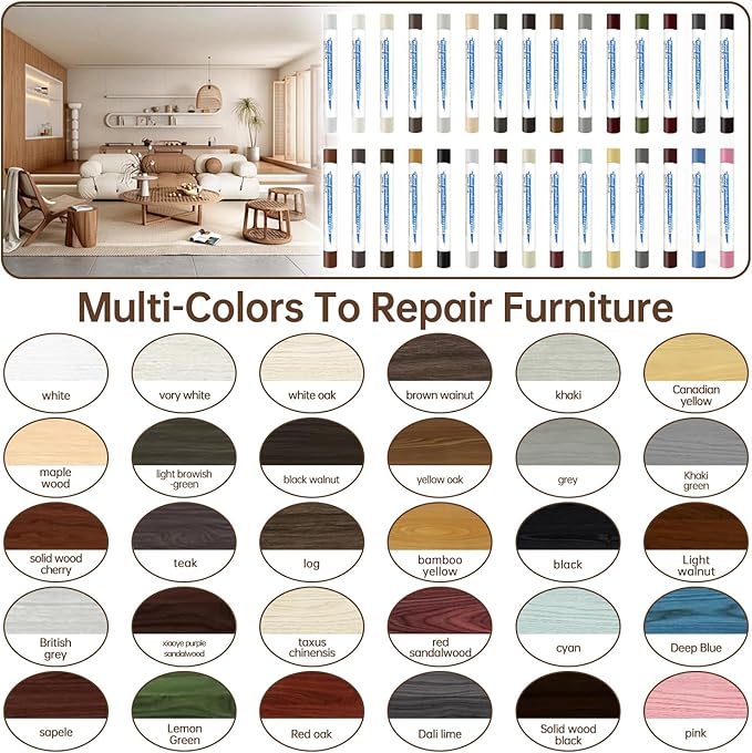 30+2P Wood Filler Sticks, 30 Colos Wood Filler Putty Wax Crayons Furniture Repair Kit Putty Stick for Baseboard Cabinets Furniture Floors(with 2 Scrapers)