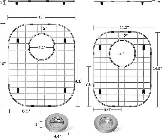 2Pack Sink Protector Grid 13"x16"and 11.2"x14.5", 304 Stainless Steel Sink Protectors for Kitchen Sink, Rust Resistant Metal Kitchen Sink Grid with 2Pack Sink Strainers (Rear Drain/4Pack)