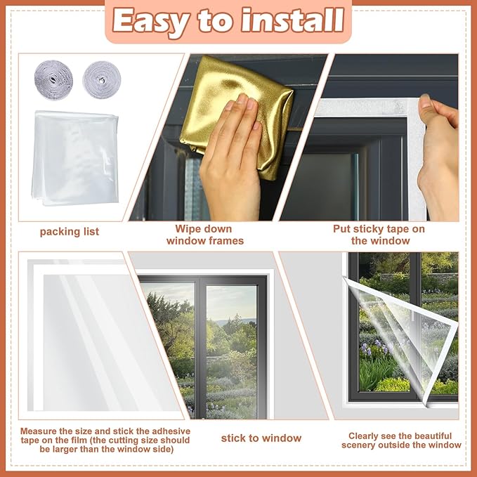 3 Set 75 x 79 Inch Window Insulation Kit Winter Window Plastic for Winterizing Home Cuttable Transparent Film with Adhesive Straps Reusable Thicken Thermal Waterproof Attic Cover Warm