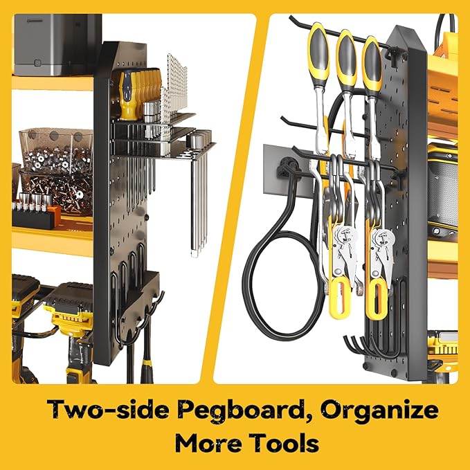 SOYEEZE Large Power Tool Organizer Wall Mount with Charging Station, 3 Layer Heavy Duty Metal Tool Storage Rack with 8 Drill Holder, Tool Holder Built in 8 Outlet Power Strip (Yellow)