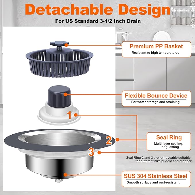 3 in 1 Kitchen Sink Stopper with Strainer Basket, Stainless Steel Anti-Clogging Drain Plug for US Standard 3-1/2" Sink