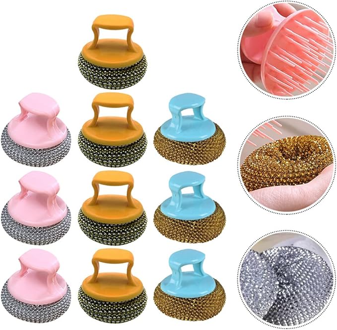 YARNOW 10pcs Stainless Steel Scrubber Metal Sponge Steel Scouring Pad Wire Pot Brush with Handle Kitchen Cleaning Brush for Home Dish Pot Coffee Maker Bowl
