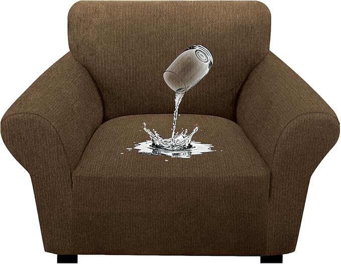 Waterproof Stretch Spandex Chair Sofa Slipcover - Non-Slip Soft Couch Cover with Elastic Bottom, Washable Leakproof Furniture Protector for Kids, Pets, Dogs & Cats (Chair, Chocolate)