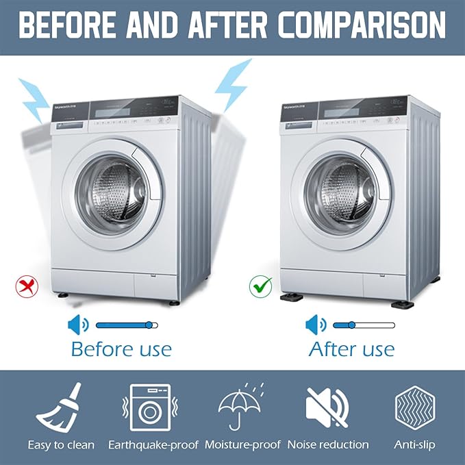 Shock Absorbing Mat-Square, Anti Vibration Pads for Washing Machine, Anti Vibration Pads Prevent Washer & Dryer Moving Shaking Walking, Floor Protector 4 Pack