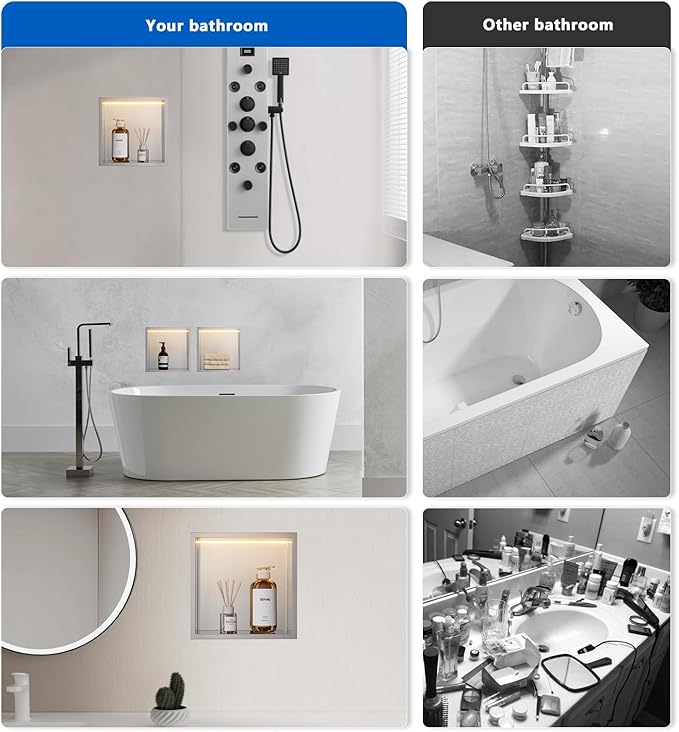 QAOYEDE 12"x12" Recessed Shower Niche with Light, Stainless Steel LED Light Bathroom Shelf, No Tile Needed Waterproof Insert for Wall Storage, Brushed Nickel