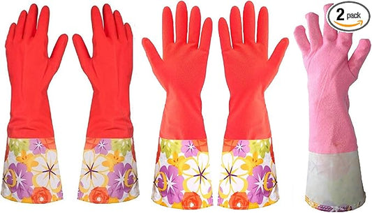 Kitchen Rubber Cleaning Gloves with Warm Lining Household Thickening PU Waterproof Dishwashing Latex Glove Large 2 Pairs
