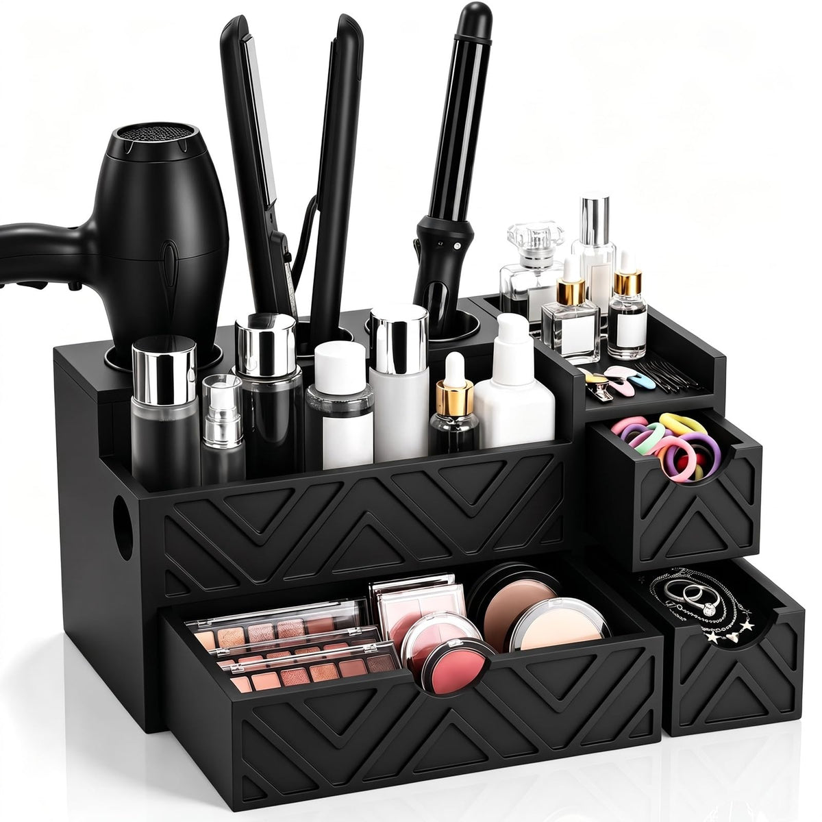 Hair Tool Organizer with 3 Drawer Wooden Blow Dryer Holder, Black - Image 1