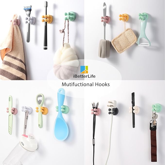 iBetterLife Silicone Toothbrush Holders for Bathrooms - 6Pcs Razor Holder for Shower Wall Mount Self Adhesive Cute Utility Dorm Room Kitchen Office Organizer Storage Hook for Kids Hanging Loofah Towel