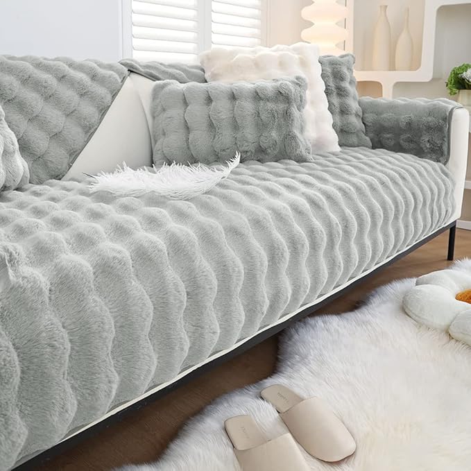 Soft Warm Faux Fur Couch Sofa Cover Thick Shaggy Fuzzy Sectional Couch Cover Non-Slip Solid Color Plush Sofa Slipcover Furniture Protector for Kids, Pets (Light Grey,36"x82")