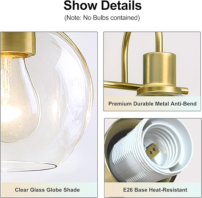 Bathroom Light Fixtures,Gold Vanity Light 3 Light Wall Sconces, Brushed Brass Lighting with Clear Glass Shades, Wall Mounted Mirror Lights for Kitchen, Bedroom, Hallway