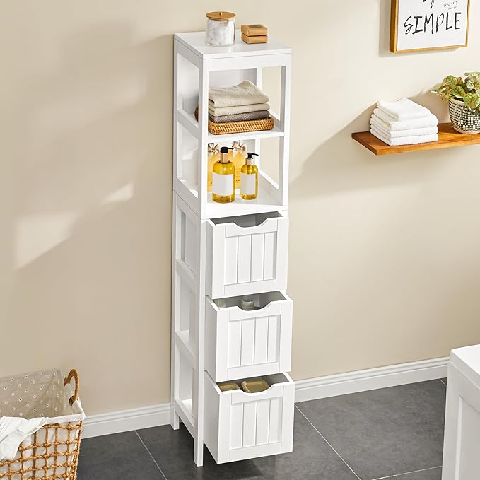 Yaheetech 56” Tall Bathroom Storage Cabinet, Slim Storage Organizer with 3 Drawers & 2 Shelves, Narrow Freestanding Floor Cabinet for Living Room/Hallway/Corner/Small Space, White