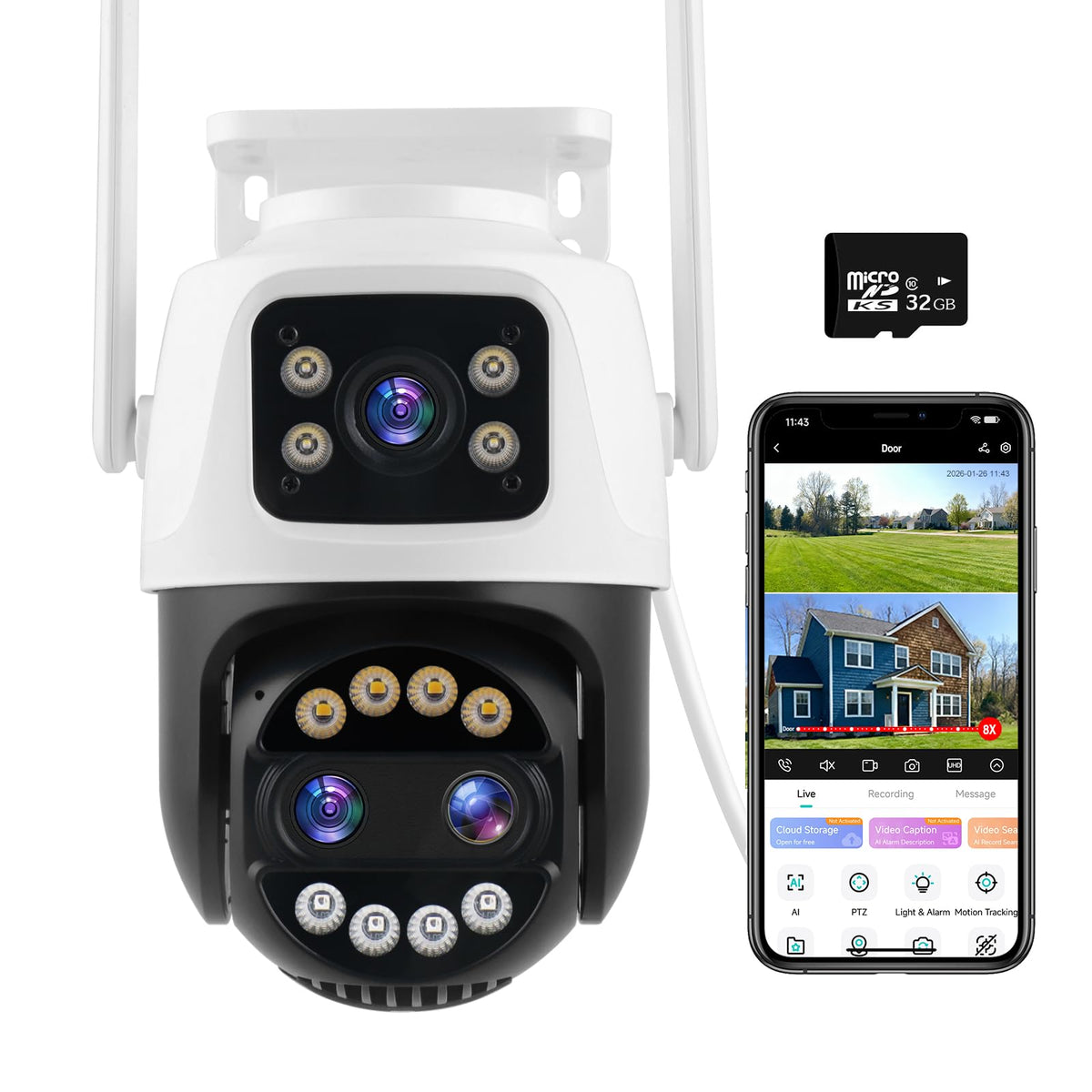 PTZ Outdoor Indoor Camera Wired 3 Lens, 32GB Local Storage - Image 1