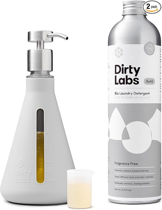 Dirty Labs | Bio-Liquid Laundry Detergent Refill & Pump Set | Free & Clear | 80 Loads (21.6 fl oz) & Pump | Hyper-Concentrated | High Efficiency & Standard Machine Washing | Nontoxic, Biodegradable