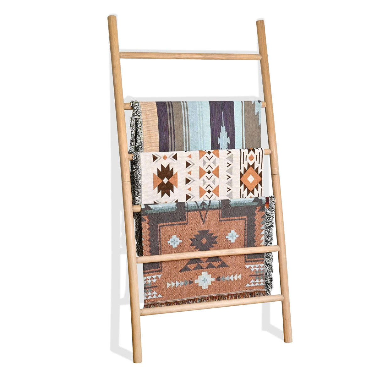 FUIN Blanket Ladder, 38in Wide Solid Wood Rustic Decor Rack - Image 1