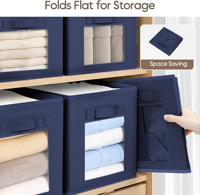 Storage Cube 11 Inch - Cube Storage Bins with Window, Closet Storage Baskets with Handle, Fabric Bins for Closet, Shelves, Toys, Clothes, Set of 12, Navy Blue