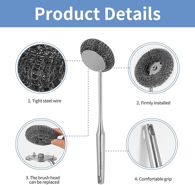 Stainless Steel Steel Wool Scrubber Set, One Dish Brush with Handle and One Long-Handled Steel Wool Brush, for Cleaning Tableware, Cooking Tools and Barbecue Grills' Metal Dish Scrubber.