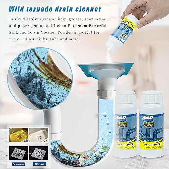 Powerful Fast-Acting Drain Cleaner Powder – Sink and Drain Clog Remover for Kitchen & Toilet Pipes – Deep Cleaning Formula, Fast Foaming, Heavy-Duty Clog Remover