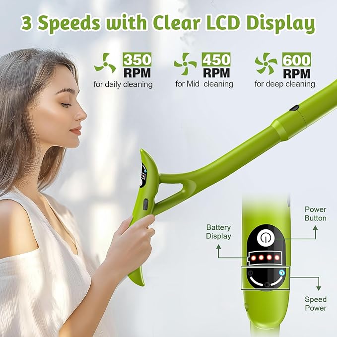 Electric Spin Scrubber, Cordless Cleaning Brush with 8 Brush Heads, 3 Speeds, LCD Display, and Adjustable Extension Handle, IPX7 Waterproof Power Scrubber for Tub Bathroom Floor Tile (Green)
