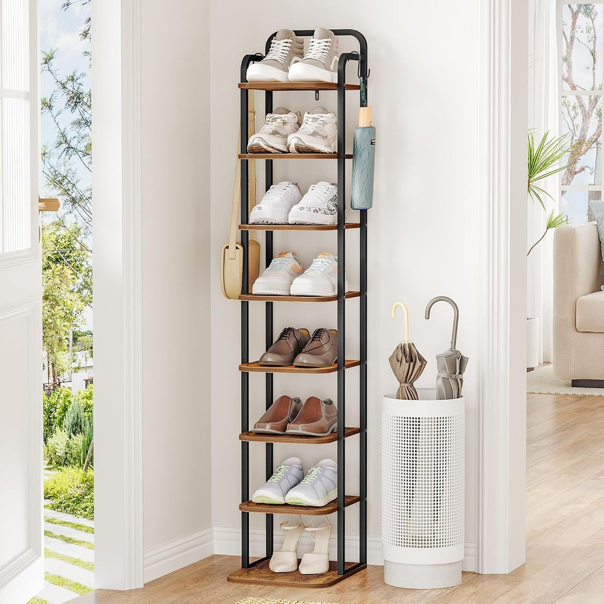 Hzuaneri 8 Tiers Vertical Shoe Rack, Tall Shoe Shelf with 2 Hooks - Image 1