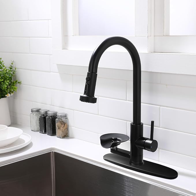 Kitchen Faucet with Glass Rinser, Pull Down Sink Faucet with 3 Spray Modes and High Pressure Glass Rinser, Single Hole 2 in 1 High Arc Stainless Steel Kitchen Faucets (Matte Black)