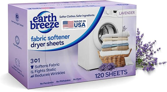 Earth Breeze Fabric Softener Dryer Sheets – Lavender, Hypoallergenic, No Harsh Chemicals, Safe Ingredients – Soft Clothes – Static Cling & Wrinkle Reducer – Gentle Fabric Care – Made in USA (1 Pack)