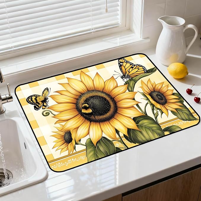 Glass Stove Top Covers for Electric Stove, Heat Resistant Counter Protector Mat, Non Slip Waterproof Surface Cover for Kitchen Counter and Cooktop (Sunflower Check, 28"L x 20"W)