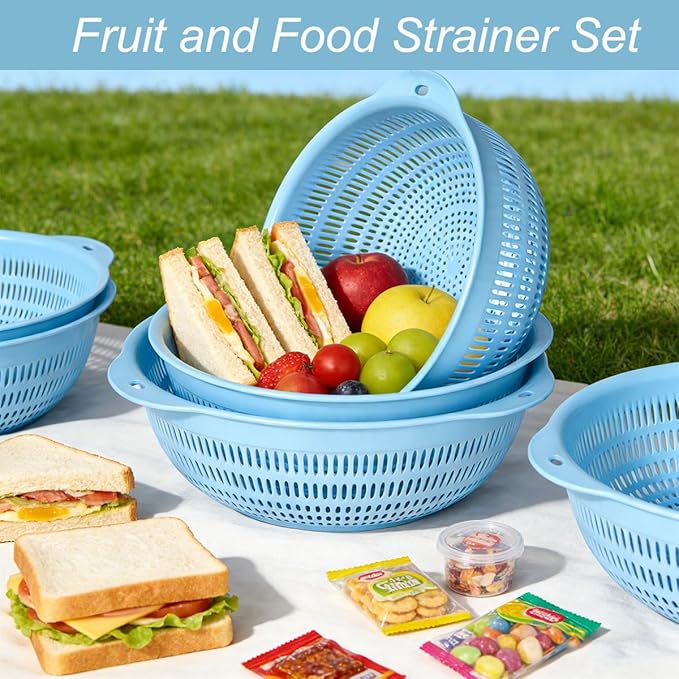 Plastic Wash Basket Round Perforated Colander Wash Vegetables and Fruits Drain Cooked Pasta Kitchen Essentials Food Strainer Basket Strainer Kitchen Blue Yellow green red (3PCS-Blue)