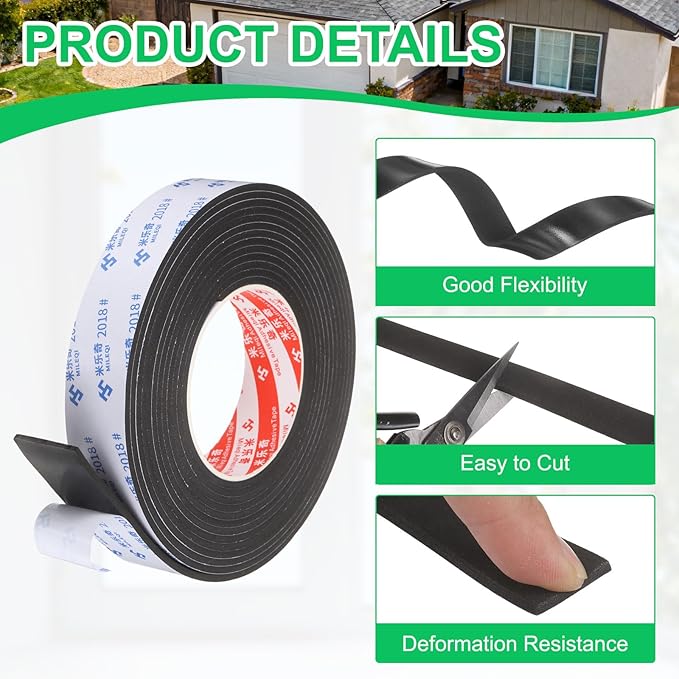 PATIKIL 4Roll Sponge Rubber Foam Tape, 1 3/16" W x 1/8" t x 16.4ft l Self-Adhesive Foam Insulation Tape Weather Stripping for Window Door Soundproofing Weatherstrip AC Seal Strip, Black