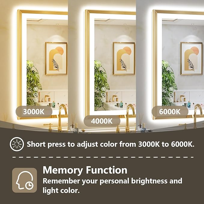 40x32 Gold Framed LED Bathroom Mirror with Lights, Backlit and Front Light, Lighted Bathroom Vanity Mirror for Wall Dimmable Anti-Fog Memory Tempered Glass Horizontal/Vertical