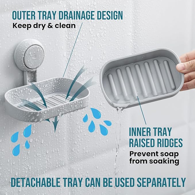 TAILI Soap Dish Bar Holder Suction Cup,SoapSaver with Powerful Vacuum Suction,Sponge Holder for Shower,Bathroom,Tub andKitchen Sink,Universal Shower Accessories,Drill-Free,Removable,2 Pack,Grey