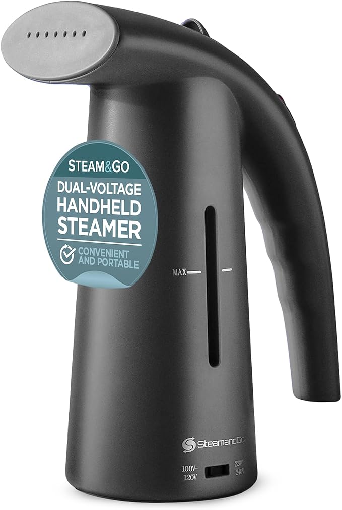 Steam & Go Portable Clothes Steamer - Compact Handheld for Shirts & Garments | Powerful Quick-Heating Corded Dual Voltage Travel Friendly - Black