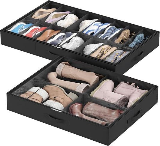Lifewit Under Bed Shoe Storage Organizer 2 Pack(16 Pairs+4 Pairs), 4.3" Tall Fabric Shoes Container Box, Foldable Closet Shoe Bag with 2 Reinforced Handles and Clear Cover, Black